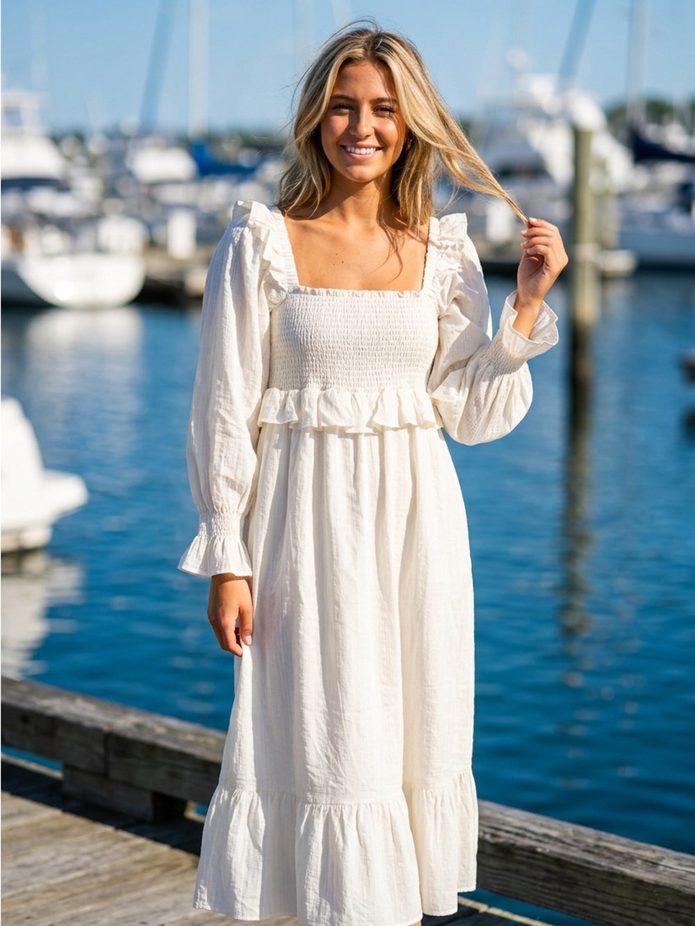 Smocked Square-Neck Midi Dress in White